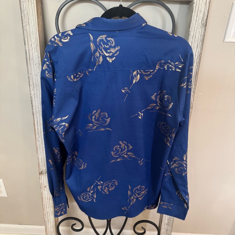Zeroyaa Blue Gold Floral Print Long Sleeve Button‎ Up Shirt Men’s Small - Picture 2 of 8